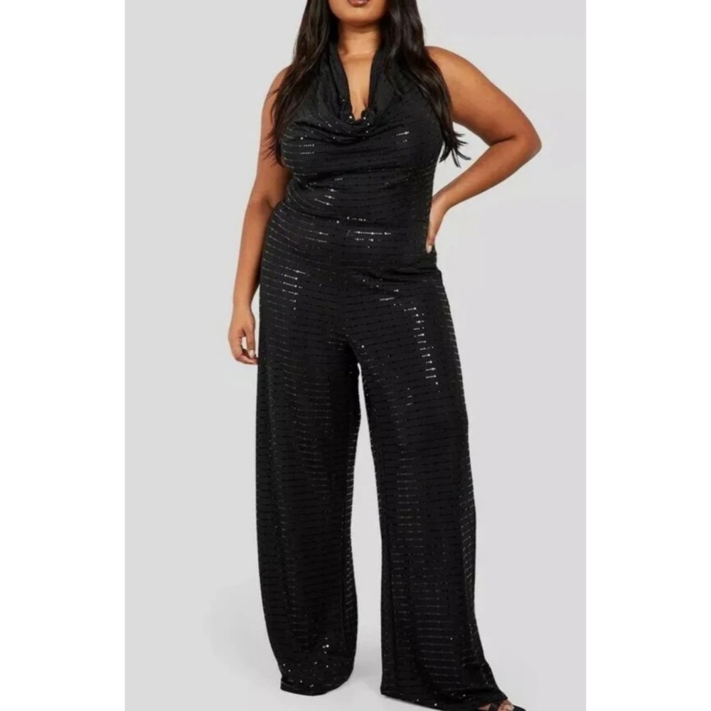 BooHoo Black Metallic Cowl Neck Wide Leg Halter Tie Jumpsuit Plus Size 22 NWT